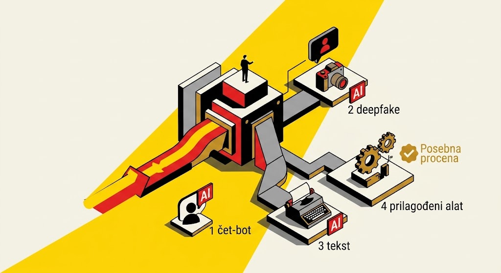 Ilustracija ekrana sa oznakom veštačke inteligencije pored reklamnog sadržaja u digitalnoj agenciji