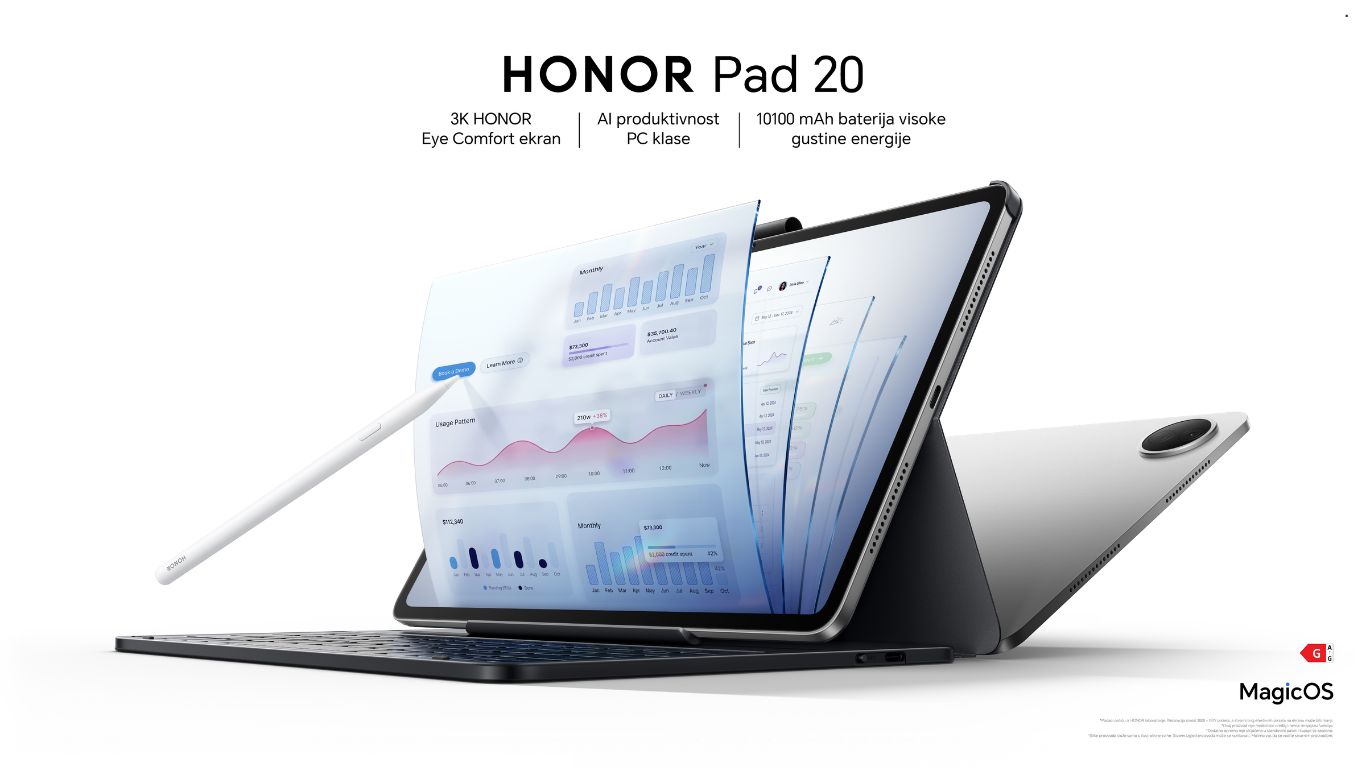 Novi tablet HONOR Pad 20 prikazan sa priključenom Smart Bluetooth tastaturom i pametnom olovkom Magic-Pencil 4s.